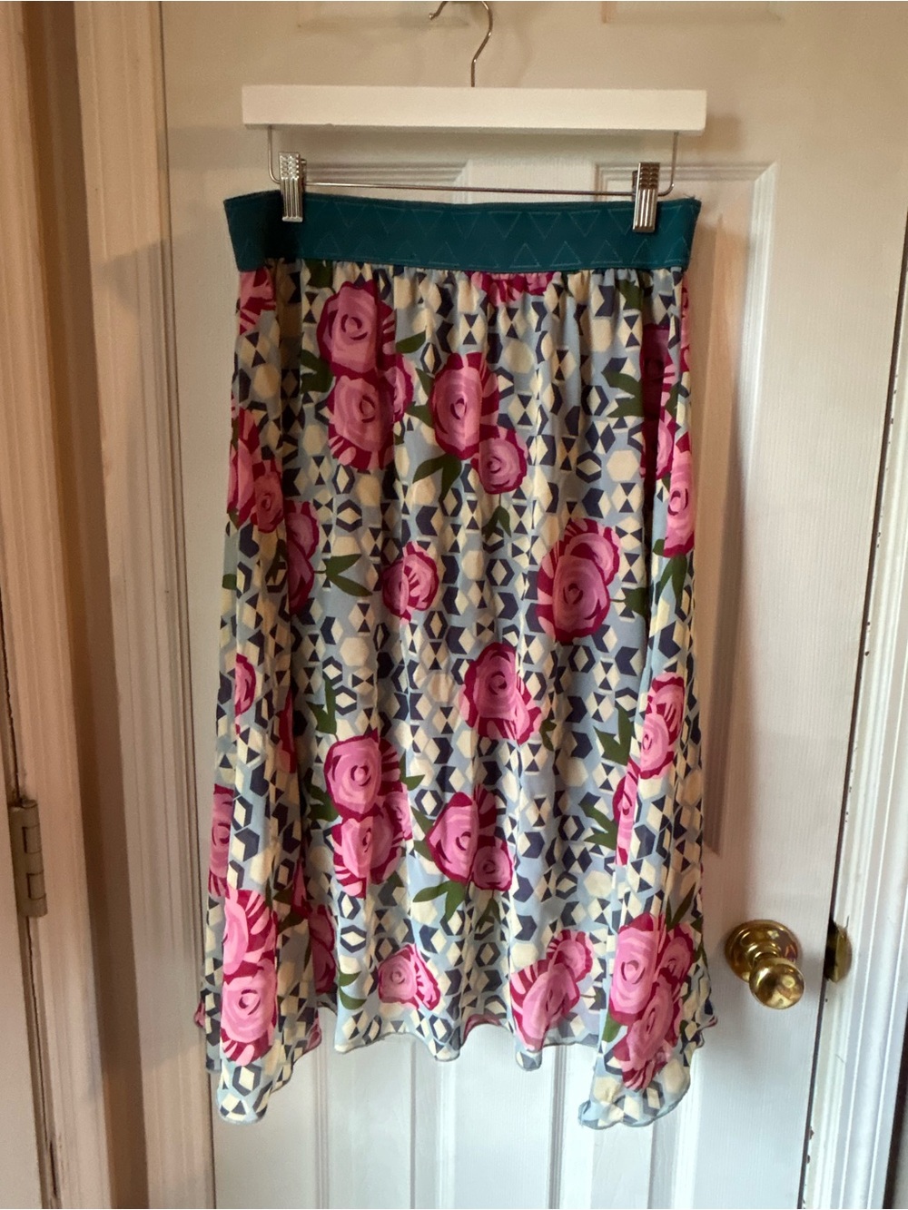 LuLaRoe Pink Rose Print Midi Skirt with Teal Waistband
